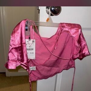 Zara Pink Satin-Trim Crop Top with Side Ties